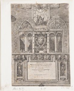 Facciata del palazzo del Senato (da Descrittione degli apparati fatti in Bologna per la venuta di n. s. papa Clemente VIII, Bologna, Benacci, 1598)